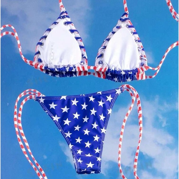 🇺🇸 American Flag Red Stripes & Stars String Bikini Set - Picture 2 of 10